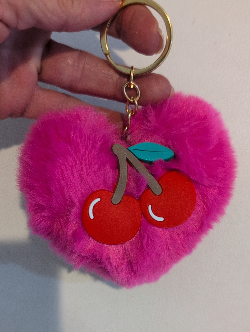 Fuzzy Heart Pom Keychain with Cherry Charm - Hot Pink